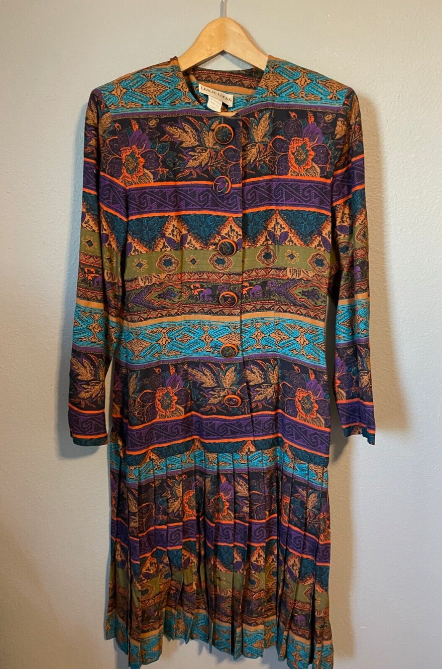 Vintage Womens Maxi Dress Size 4 Mixed Media Abstract Pleated Artsy Boho Wacky